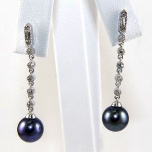 Black & Pearl Diamond Drop Earrings 14k WG .30Ct